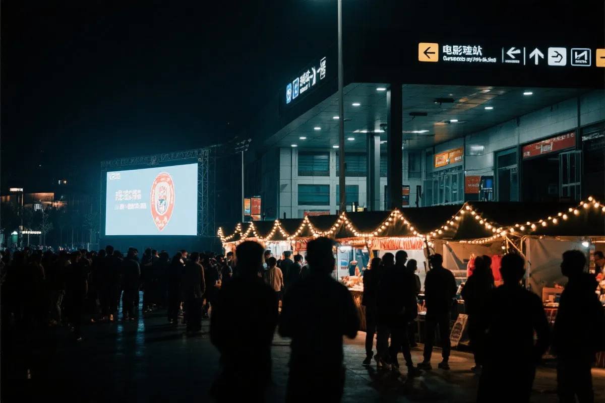 费城球迷广场夜景：大屏观赛人群、步行指示牌与公共交通入口
